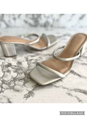 A New Day Call Sandals Silver Metallic Slide On Block Heel Strappy 8 Party Chic